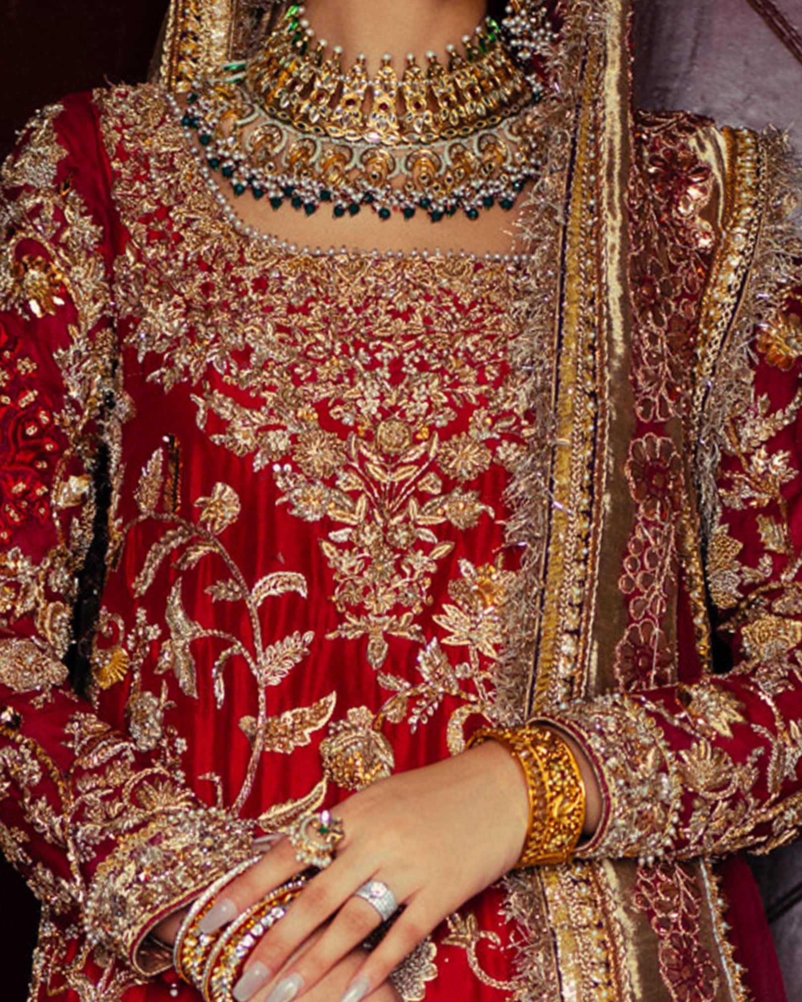 Red Gold Embroidered Silk Farshi Bridal Lehenga (3-Piece) - Image 2