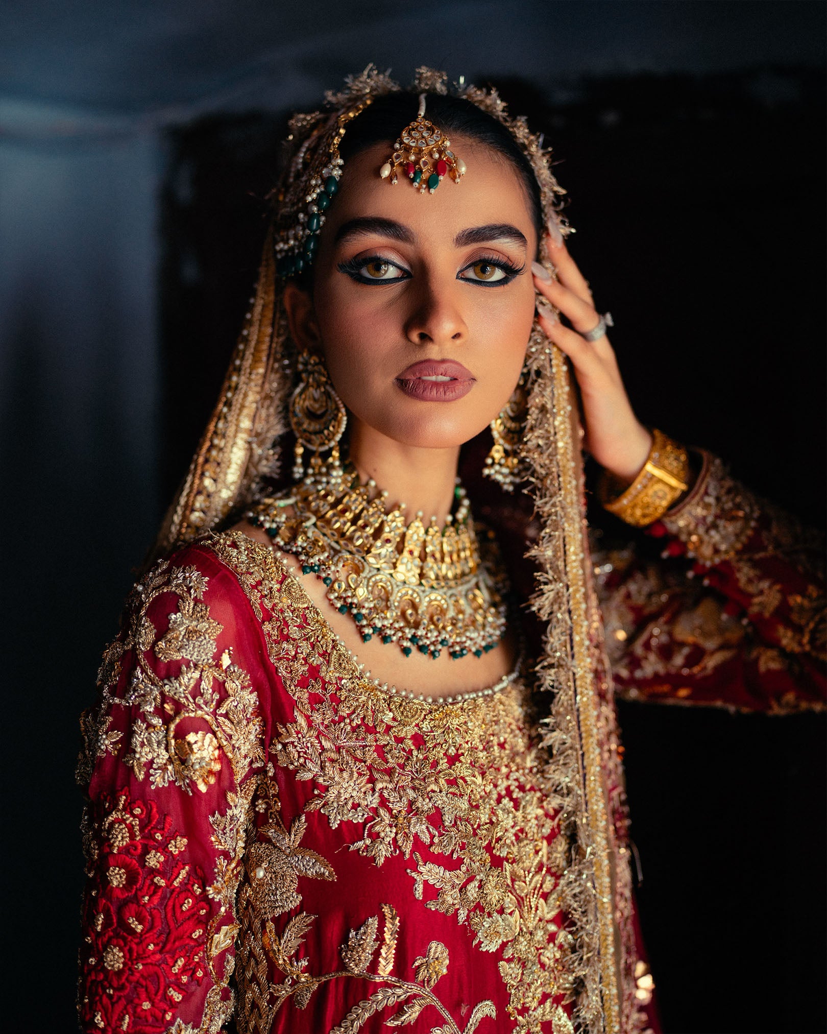 Red Gold Embroidered Silk Farshi Bridal Lehenga (3-Piece) - Image 3