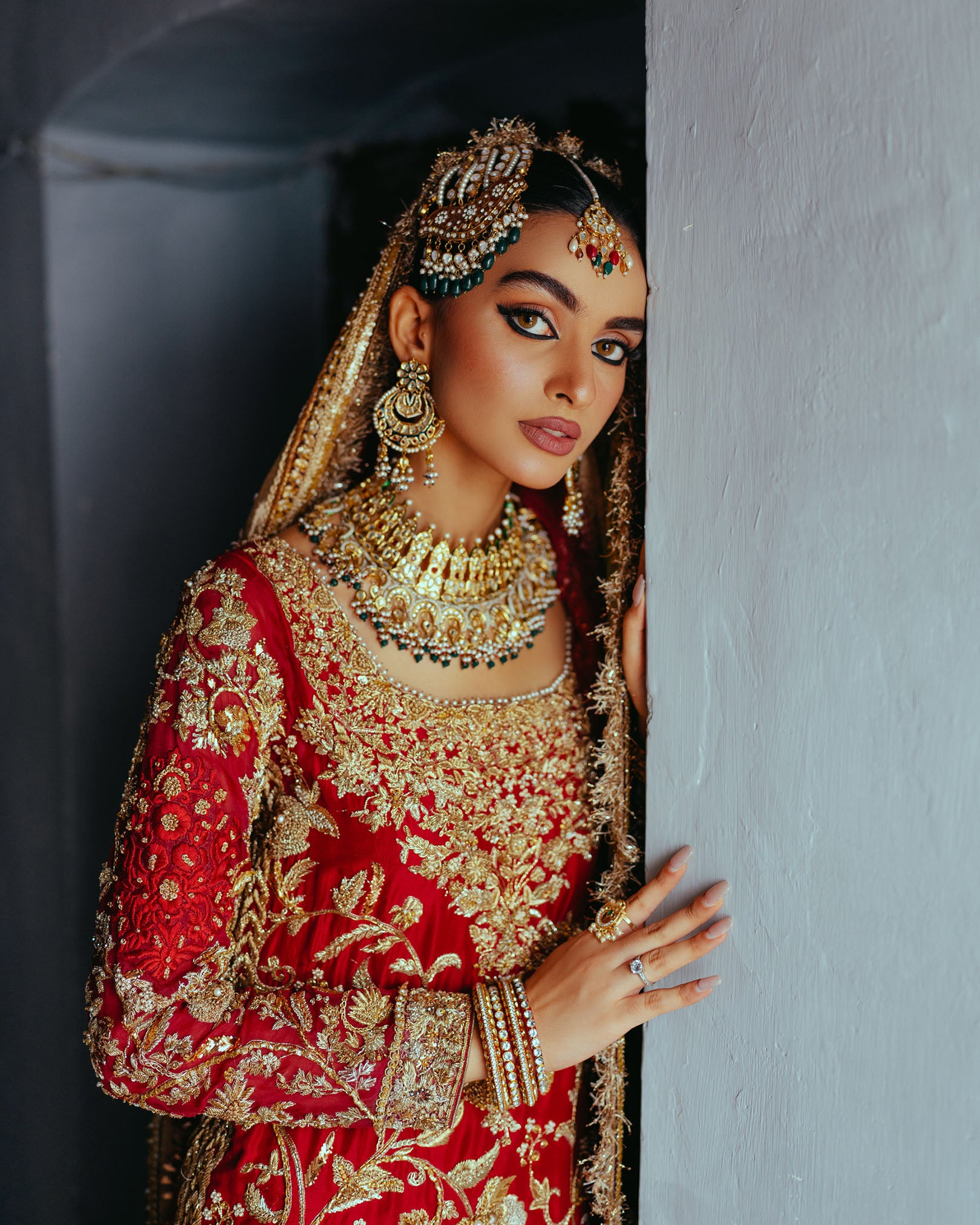 Red Gold Embroidered Silk Farshi Bridal Lehenga (3-Piece) - Image 4