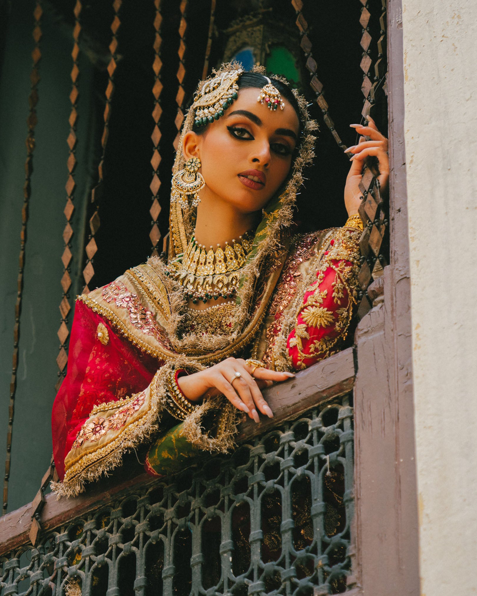 Red Gold Embroidered Silk Farshi Bridal Lehenga (3-Piece) - Image 5