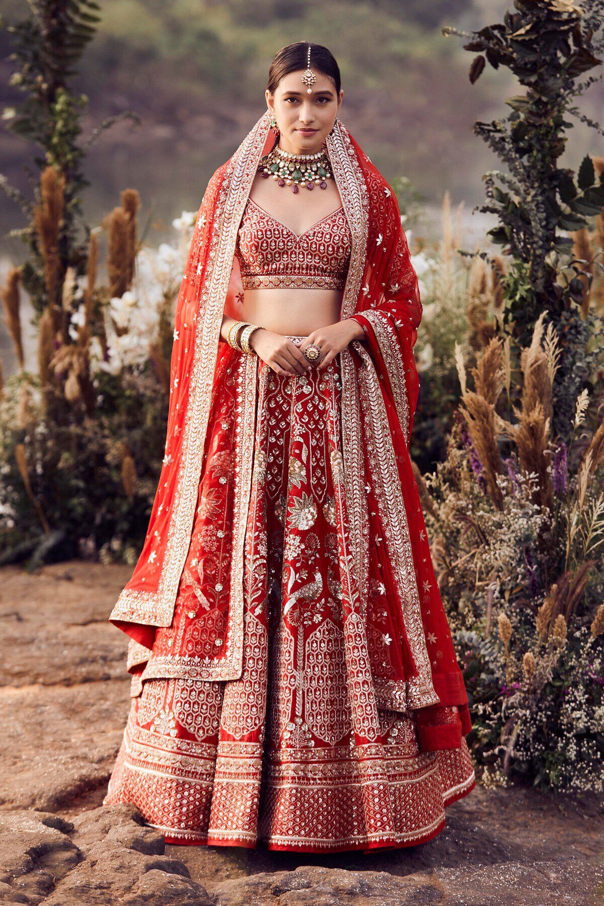 Indian Garnet Red Gota Patti Zardozi Silk Bridal Lehenga (3-Piece) - Image 1