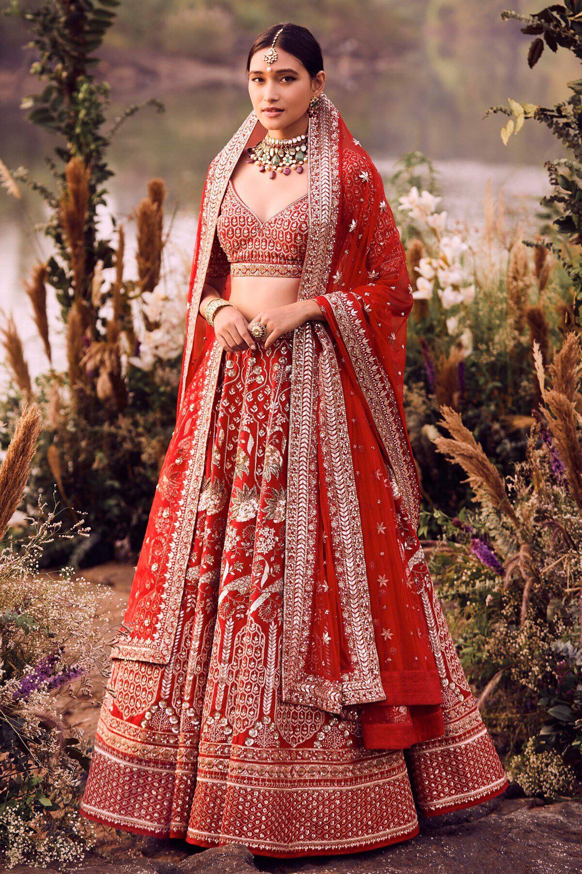 Indian Garnet Red Gota Patti Zardozi Silk Bridal Lehenga (3-Piece) - Image 2