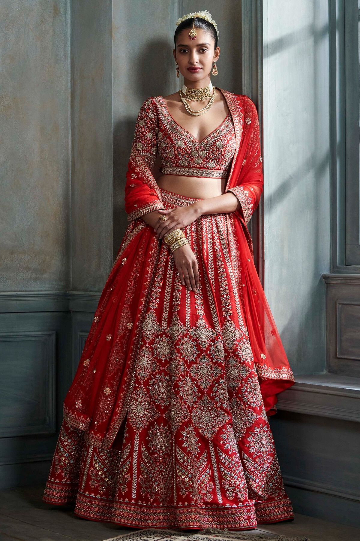 Red Gota Patti Zardozi Silk Lehenga (3-Piece) - Image 1