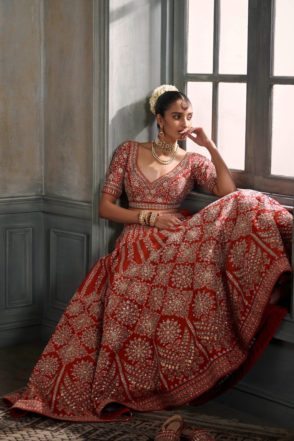 Red Gota Patti Zardozi Silk Lehenga (3-Piece) - Image 2