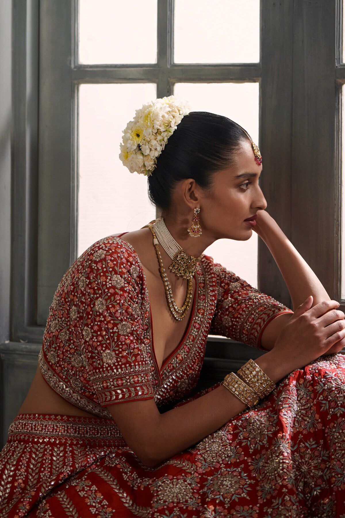 Red Gota Patti Zardozi Silk Lehenga (3-Piece) - Image 4