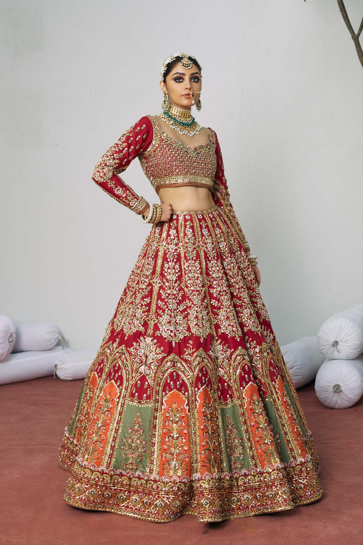 Carmine Red Embroidered Silk Bridal Lehenga Choli (3-Piece) - Image 1