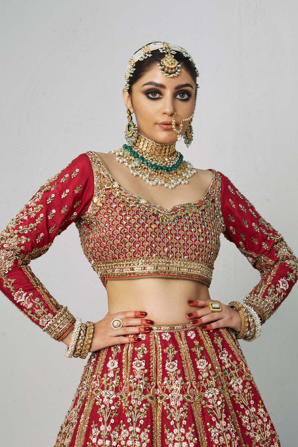 Carmine Red Embroidered Silk Bridal Lehenga Choli (3-Piece) - Image 2