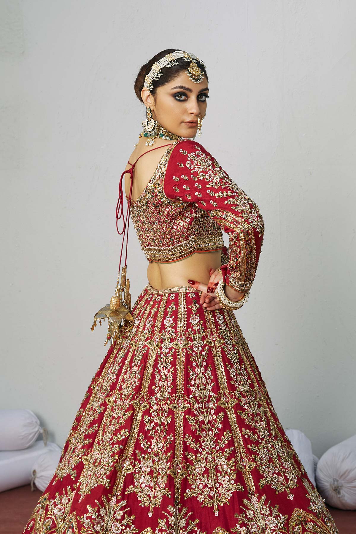 Carmine Red Embroidered Silk Bridal Lehenga Choli (3-Piece) - Image 3