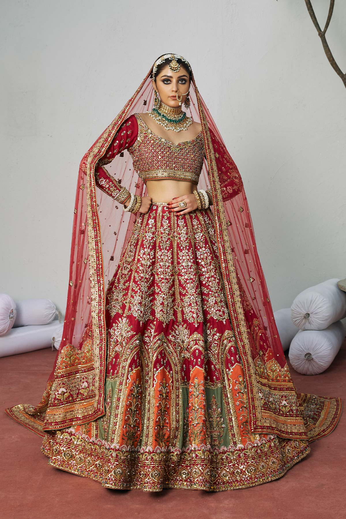 Carmine Red Embroidered Silk Bridal Lehenga Choli (3-Piece) - Image 4