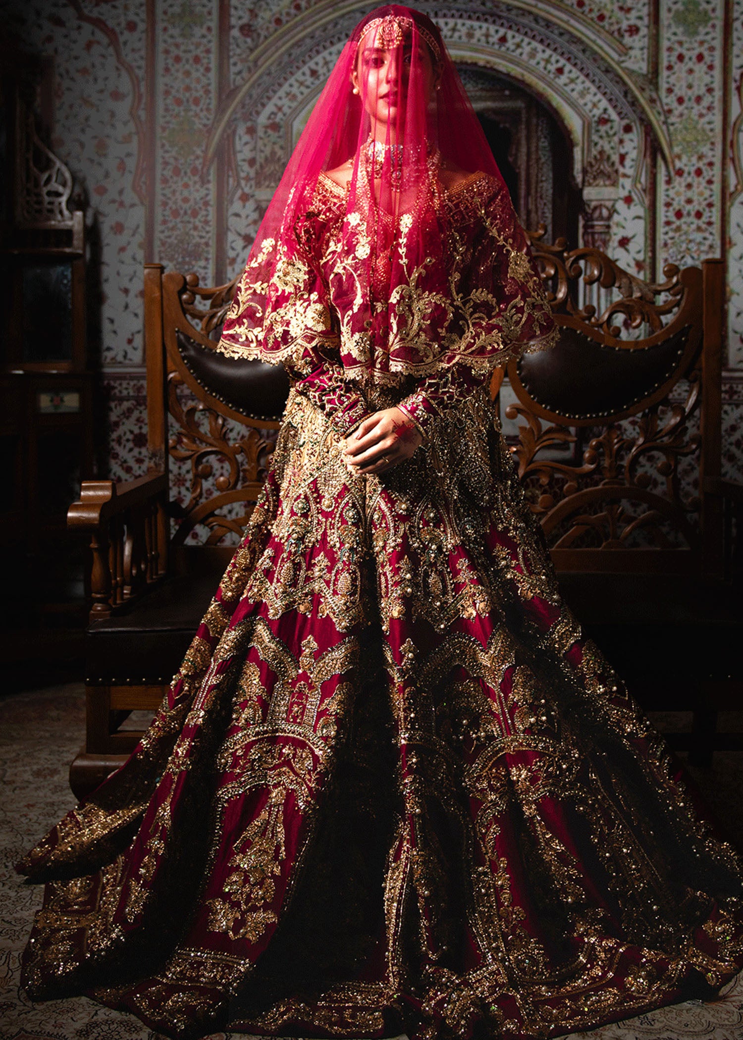 Pakistani Lipstick Red Gota Embroidered Silk Kalidar Lehenga (3-Piece) - Image 1
