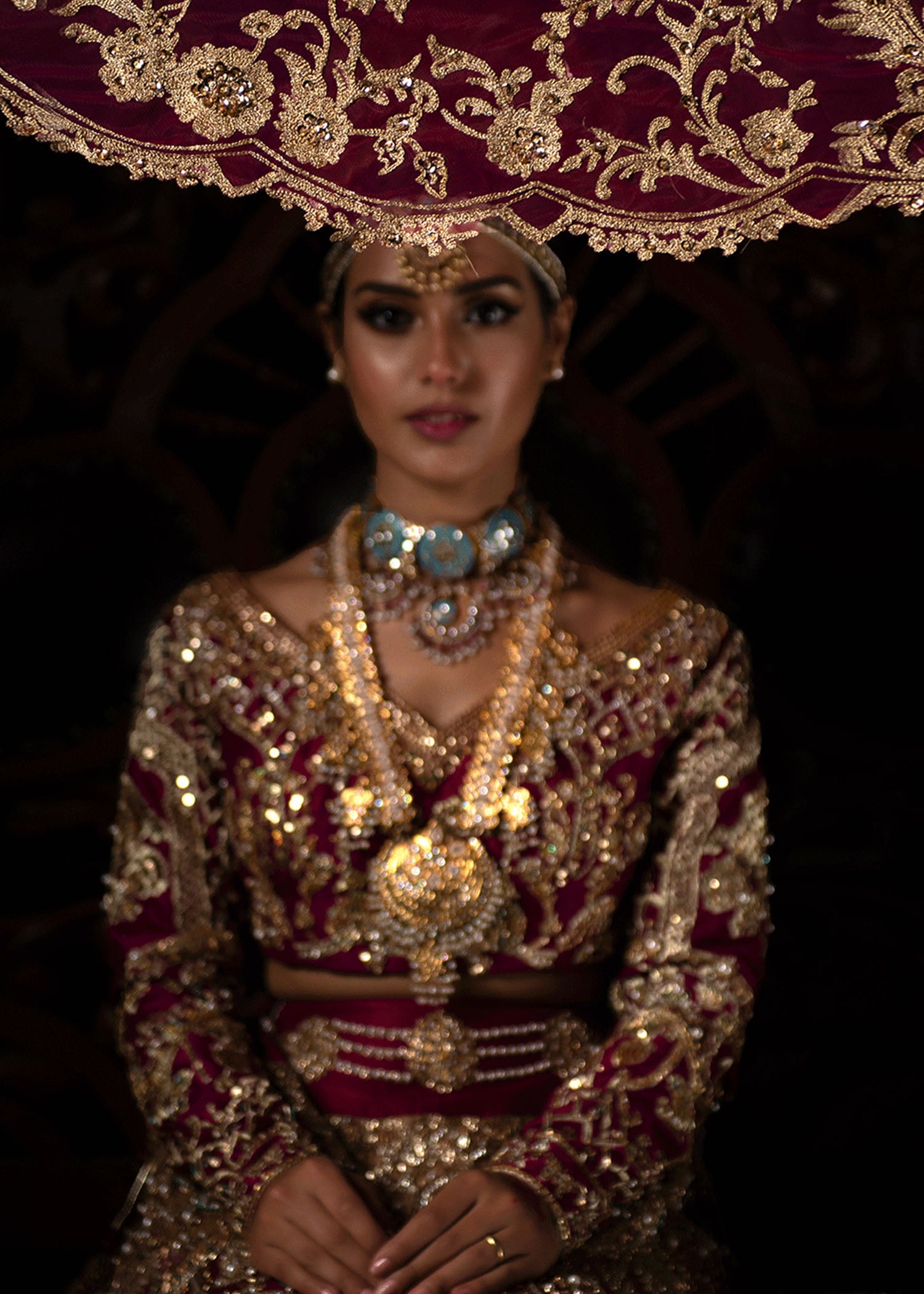 Pakistani Lipstick Red Gota Embroidered Silk Kalidar Lehenga (3-Piece) - Image 2