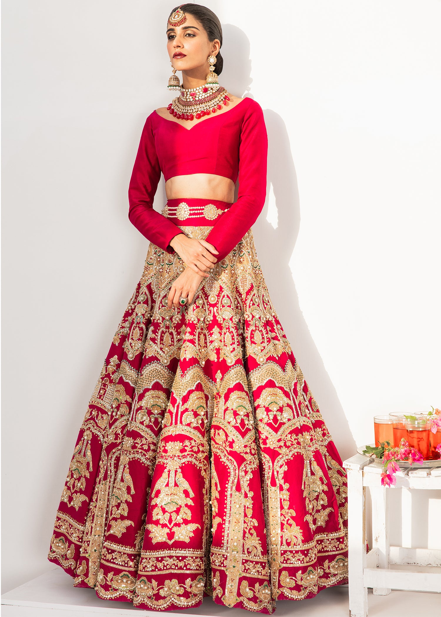 Pakistani Lipstick Red Gota Embroidered Silk Kalidar Lehenga (3-Piece) - Image 3