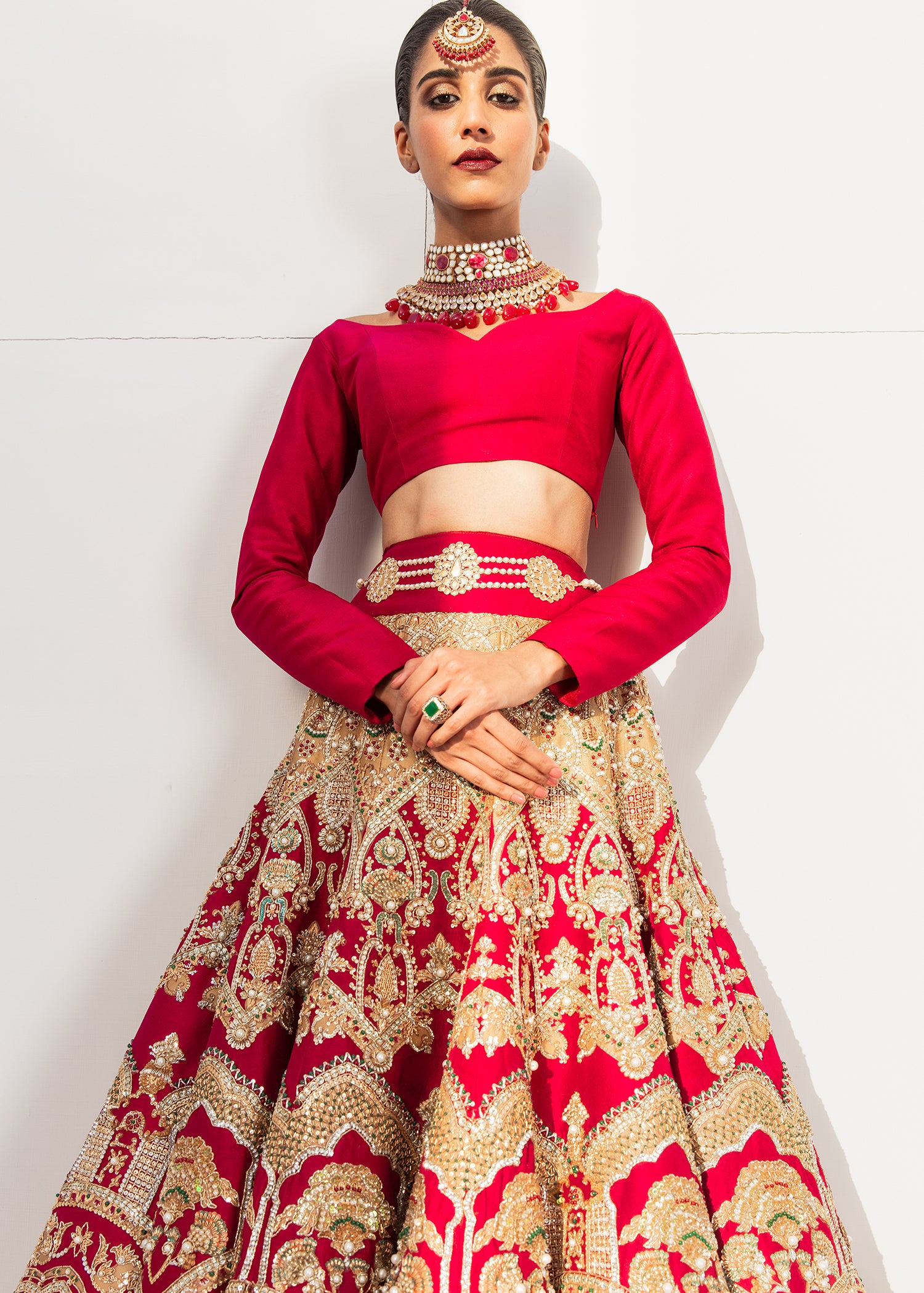 Pakistani Lipstick Red Gota Embroidered Silk Kalidar Lehenga (3-Piece) - Image 4