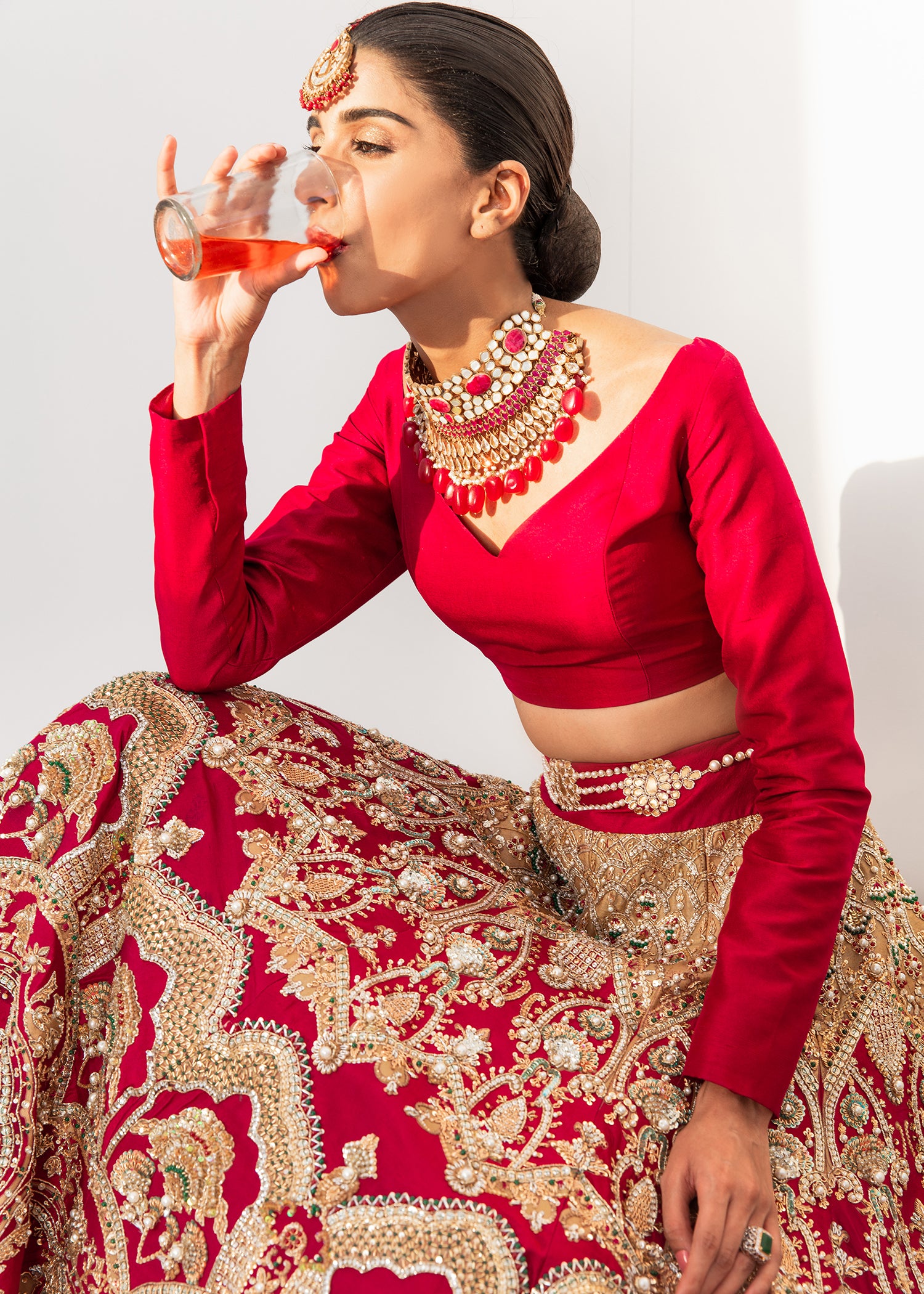 Pakistani Lipstick Red Gota Embroidered Silk Kalidar Lehenga (3-Piece) - Image 5