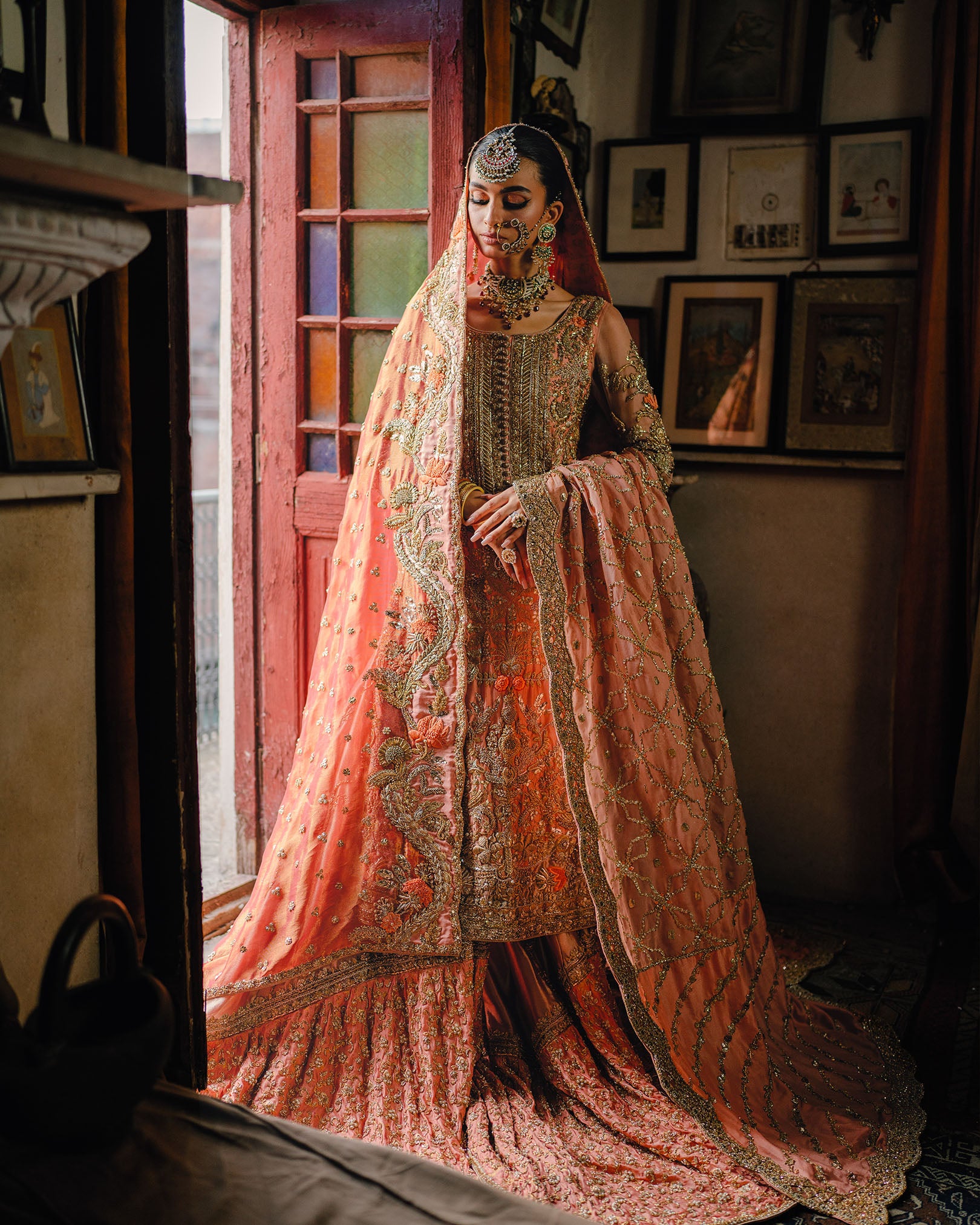 Red Hand-Embellished Silk Farshi Lehenga (3-Piece) - Image 1