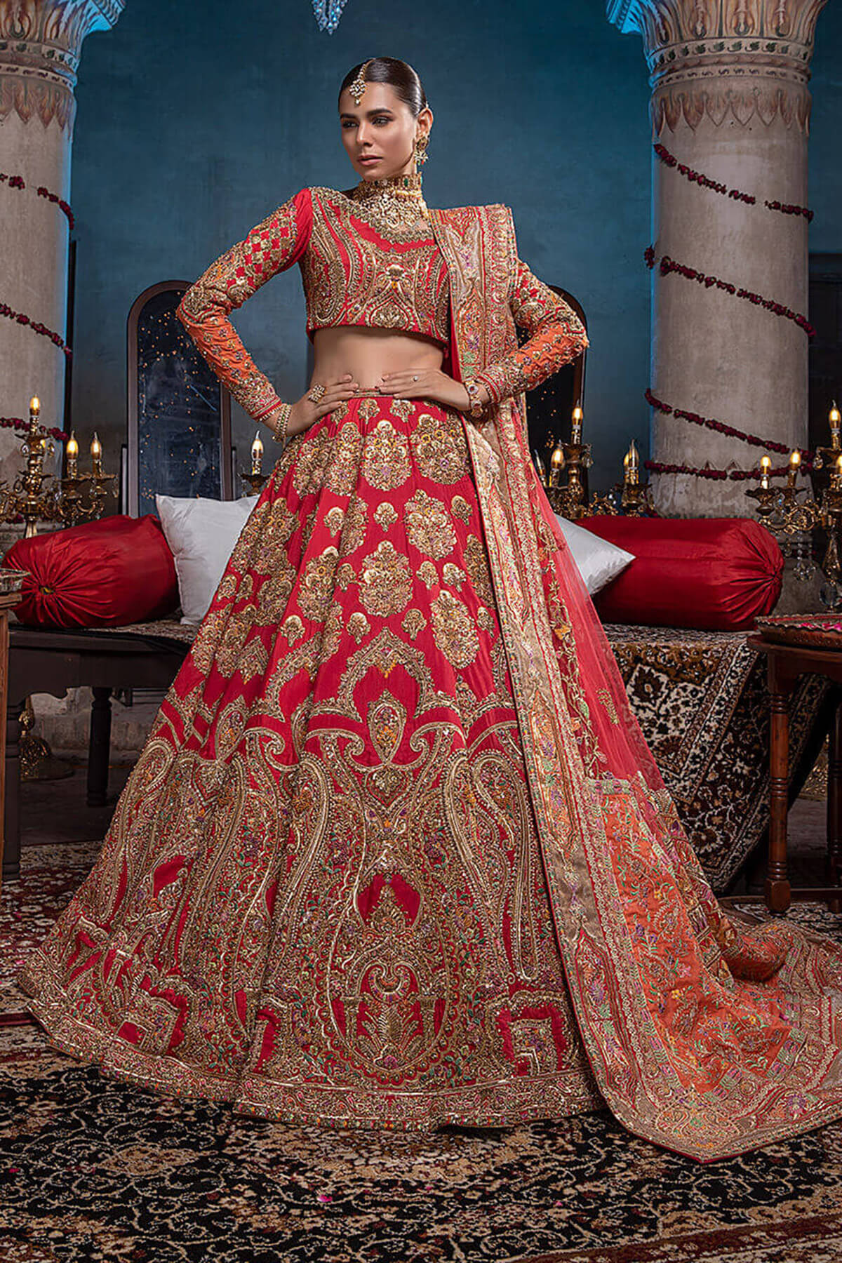 Pakistani Crimson Hand Zardozi Silk & Net Lehenga (3-Piece) - Image 2
