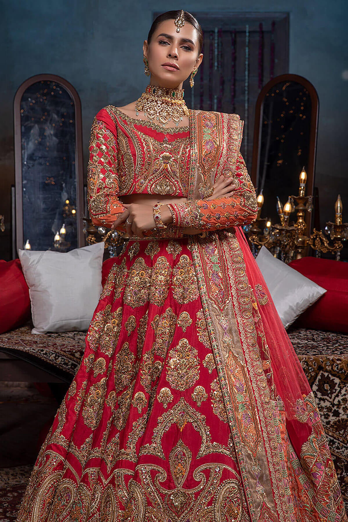Pakistani Crimson Hand Zardozi Silk & Net Lehenga (3-Piece) - Image 3