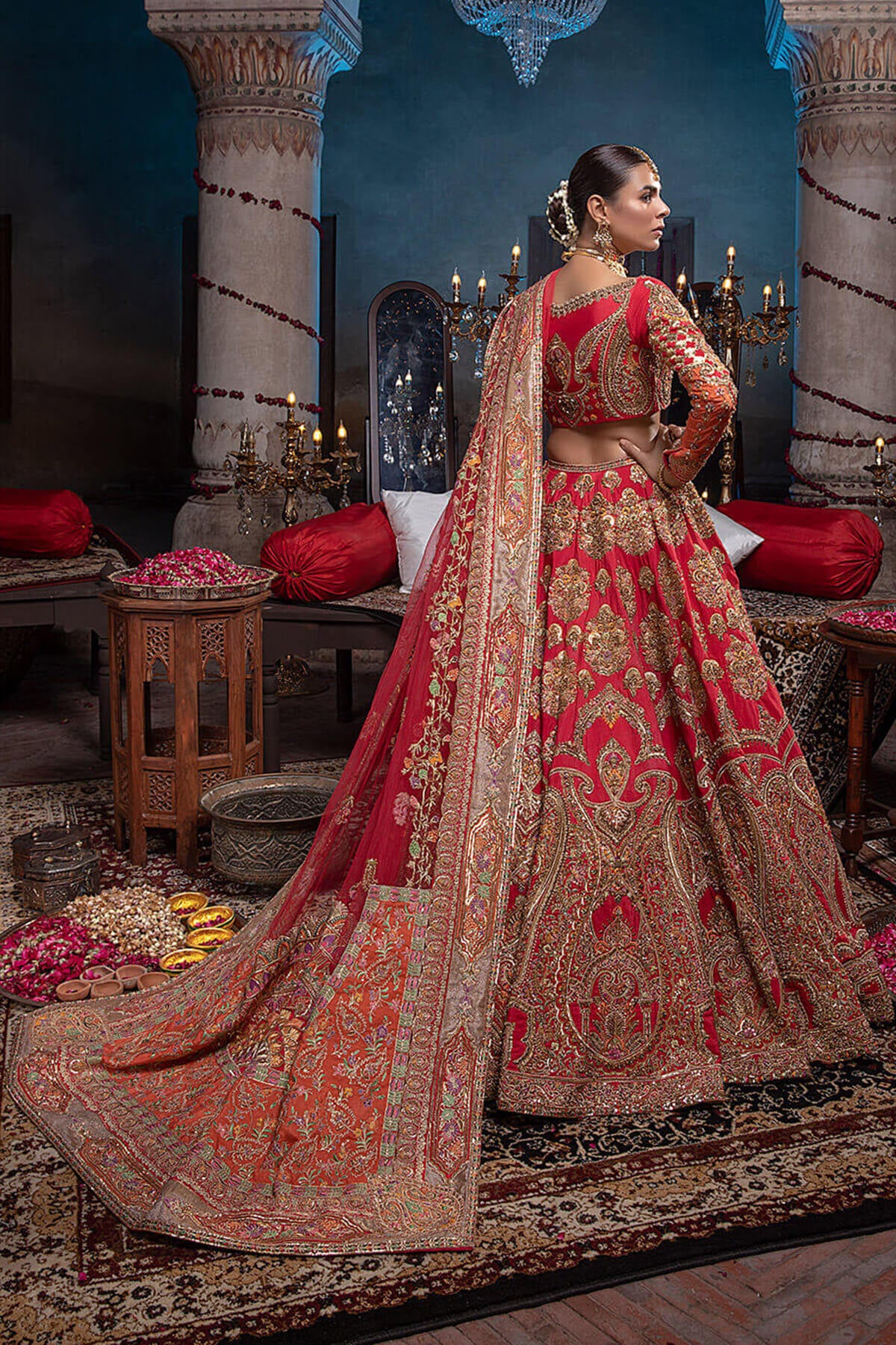 Pakistani Crimson Hand Zardozi Silk & Net Lehenga (3-Piece) - Image 4
