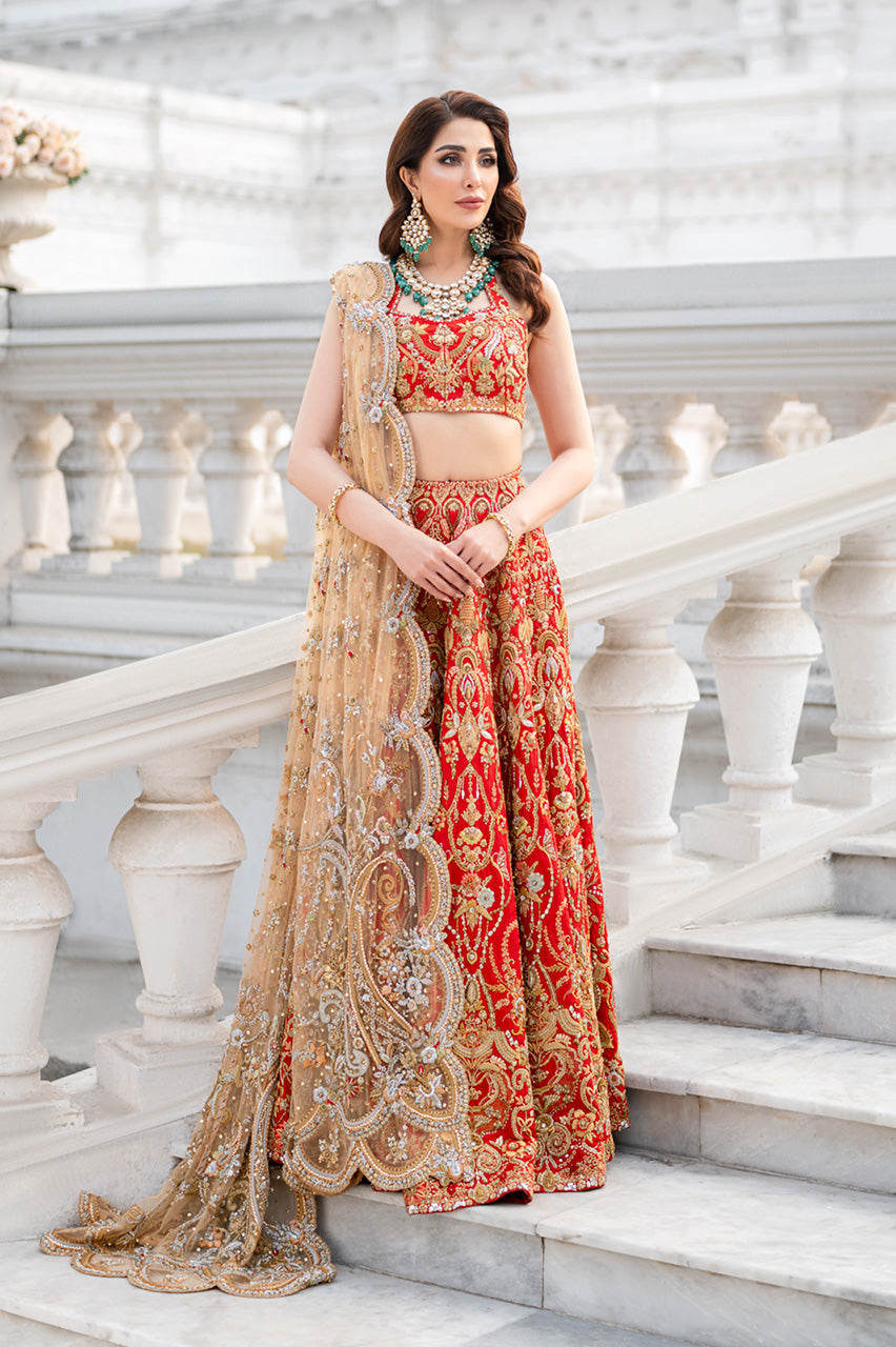 Red Hand-Embroidered Silk Jamawar Lehenga Choli (3-Piece) - Image 1