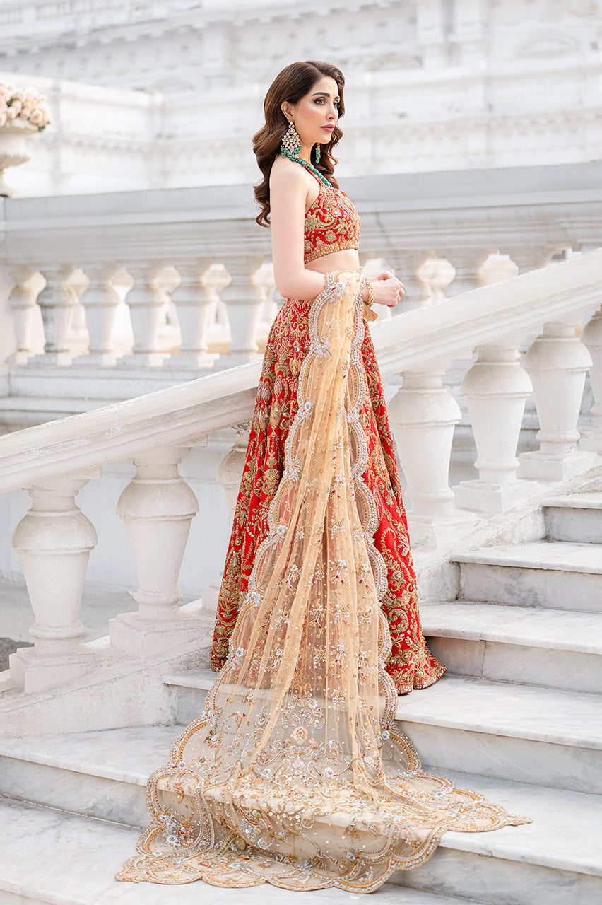 Red Hand-Embroidered Silk Jamawar Lehenga Choli (3-Piece) - Image 2