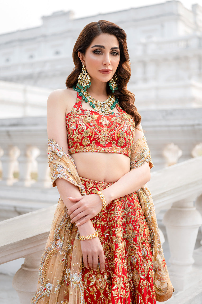 Red Hand-Embroidered Silk Jamawar Lehenga Choli (3-Piece) - Image 3