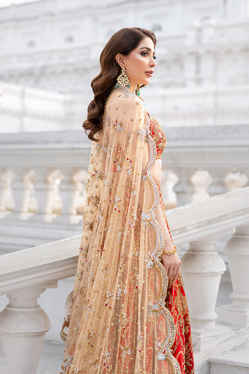 Red Hand-Embroidered Silk Jamawar Lehenga Choli (3-Piece) - Image 4