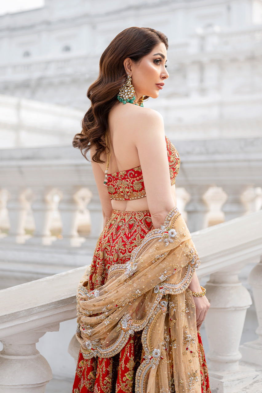 Red Hand-Embroidered Silk Jamawar Lehenga Choli (3-Piece) - Image 5