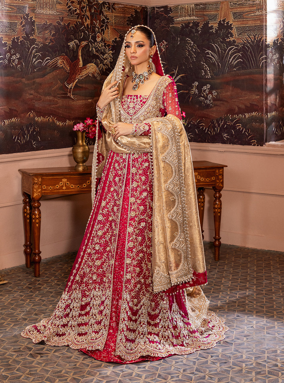 Pakistani Cherry Red Zardozi Organza & Jamawar Lehenga (3-Piece) - Image 1