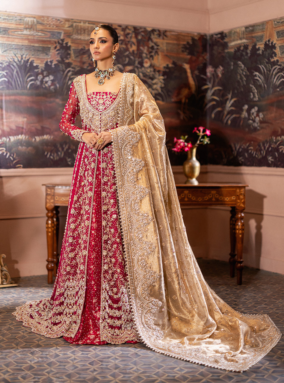 Pakistani Cherry Red Zardozi Organza & Jamawar Lehenga (3-Piece) - Image 14