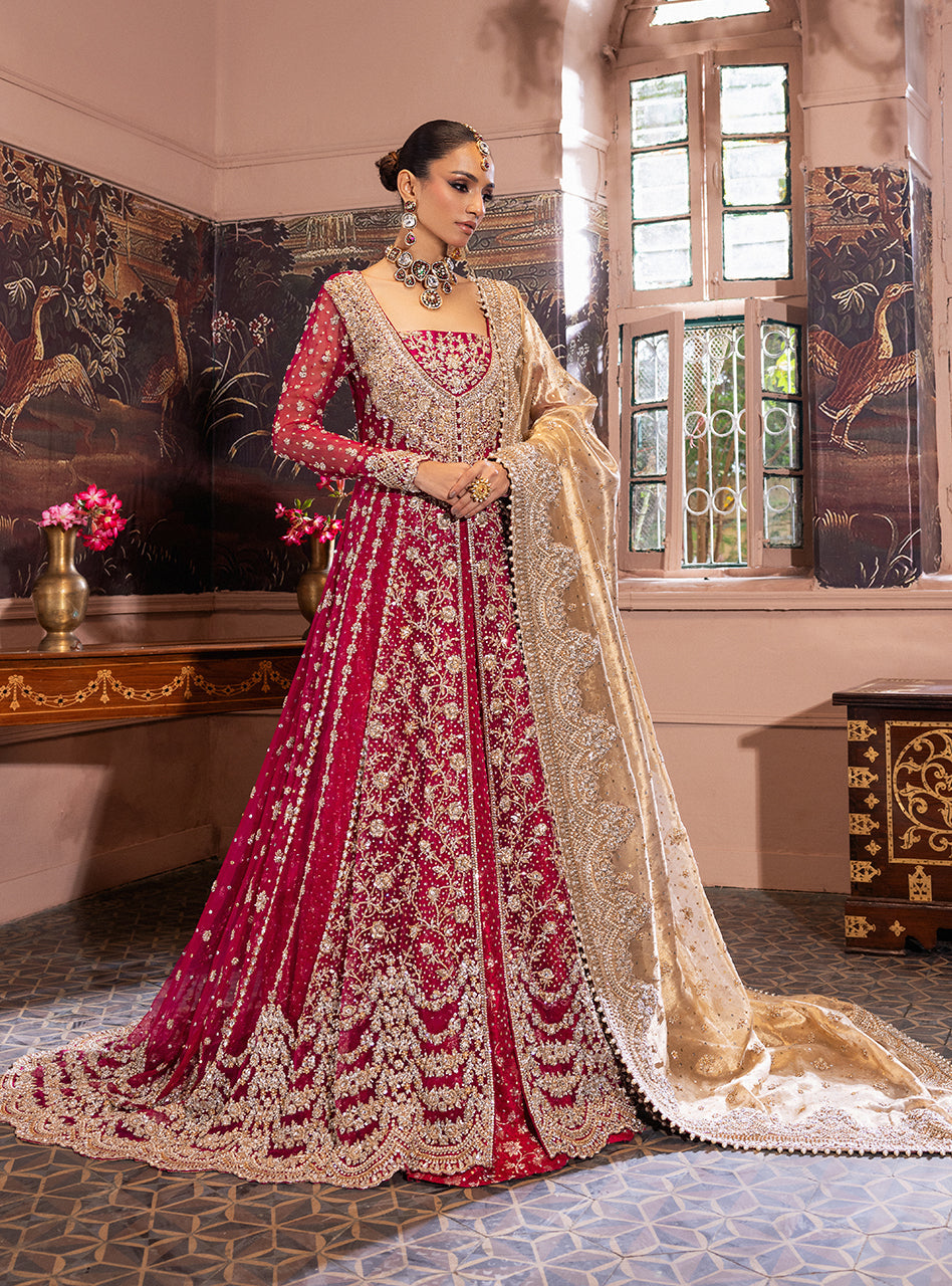 Pakistani Cherry Red Zardozi Organza & Jamawar Lehenga (3-Piece) - Image 17