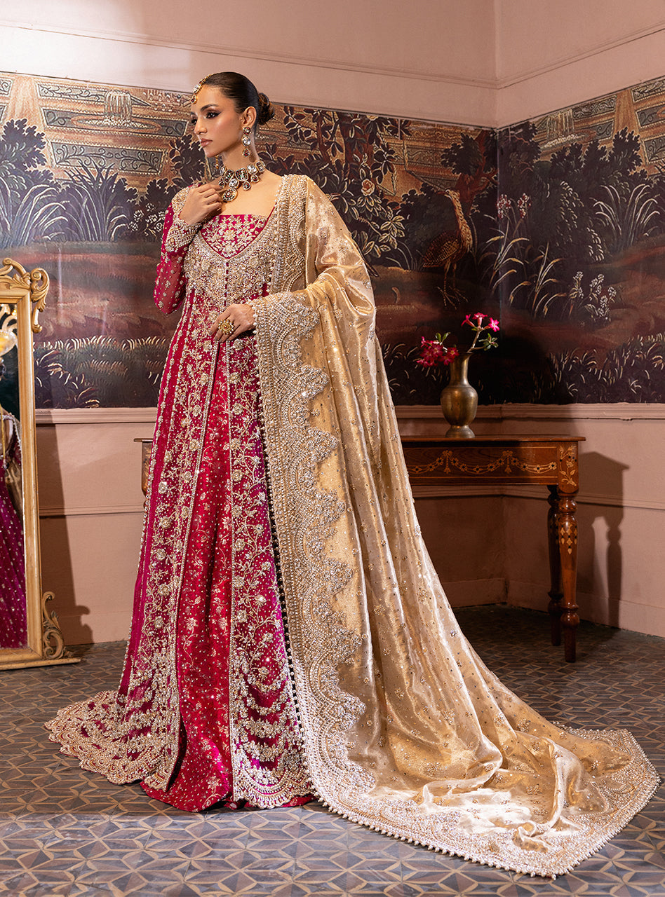 Pakistani Cherry Red Zardozi Organza & Jamawar Lehenga (3-Piece) - Image 18