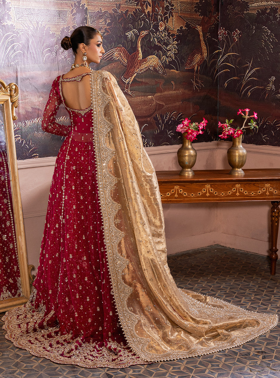 Pakistani Cherry Red Zardozi Organza & Jamawar Lehenga (3-Piece) - Image 2