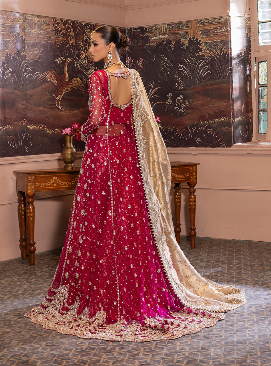 Pakistani Cherry Red Zardozi Organza & Jamawar Lehenga (3-Piece) - Image 6