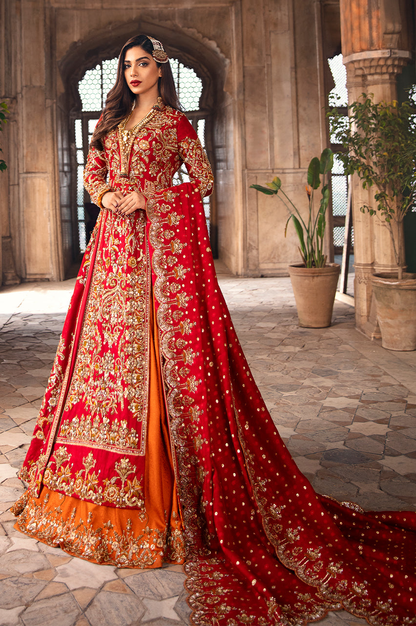 Red Embroidered Silk Jamawar Bridal Lehenga (3-Piece) - Image 1