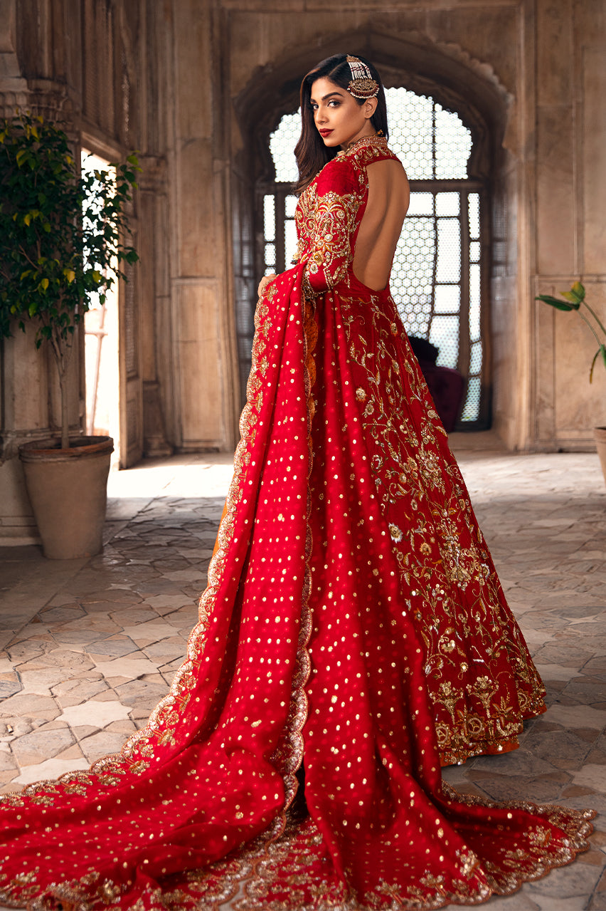 Red Embroidered Silk Jamawar Bridal Lehenga (3-Piece) - Image 2