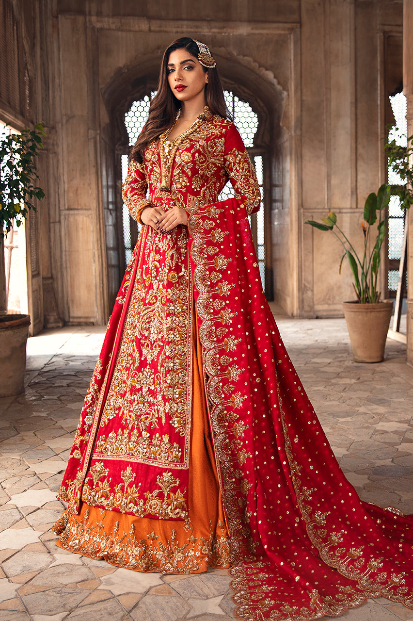 Red Embroidered Silk Jamawar Bridal Lehenga (3-Piece) - Image 4
