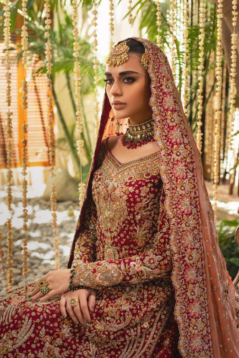 Pakistani Red Naqshi Kamdaani Silk Bridal Lehenga (3-Piece) - Image 1