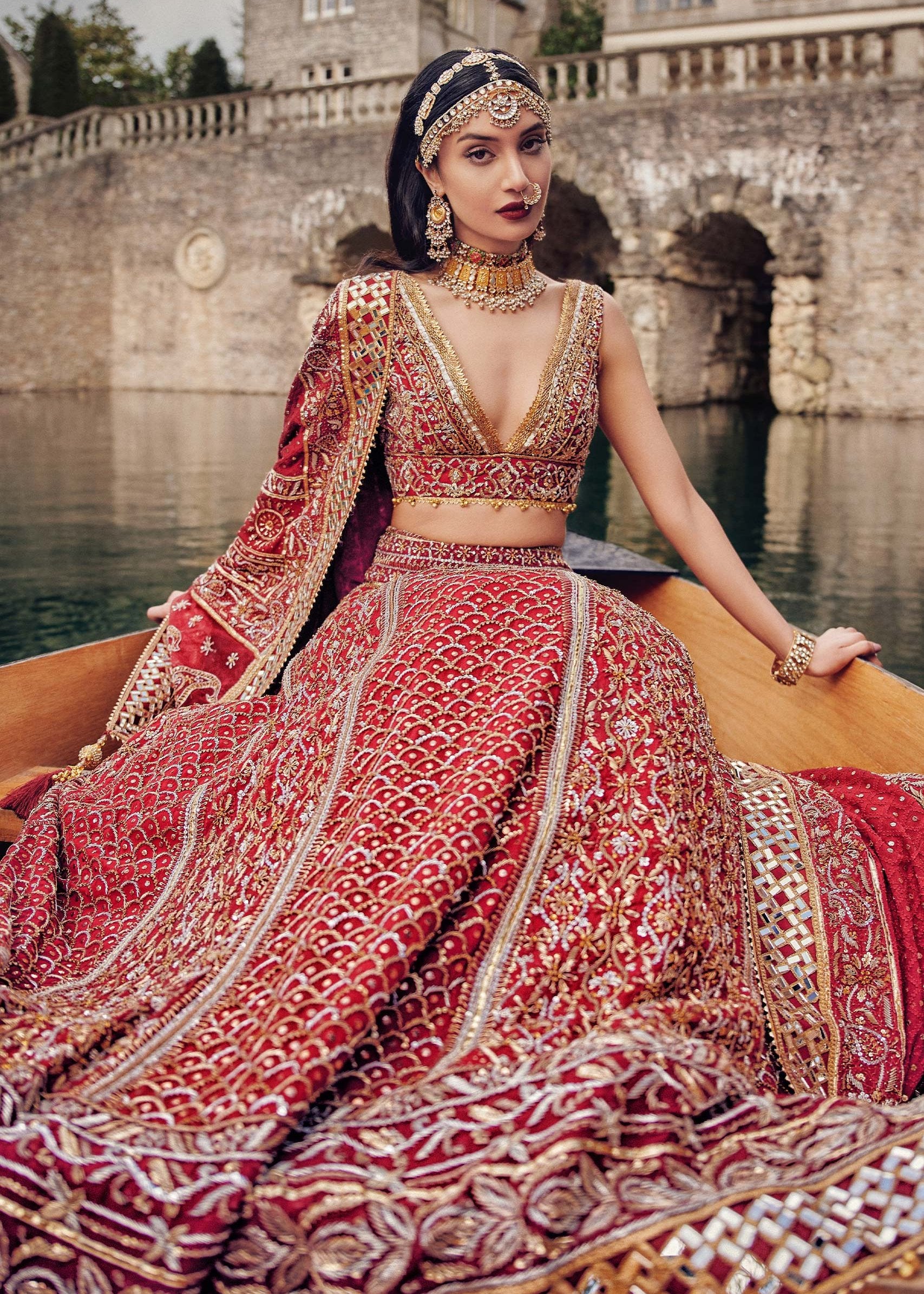 Deep Red Lucknowi Chikan Kari Silk Bridal Lehenga (3-Piece) - Image 2