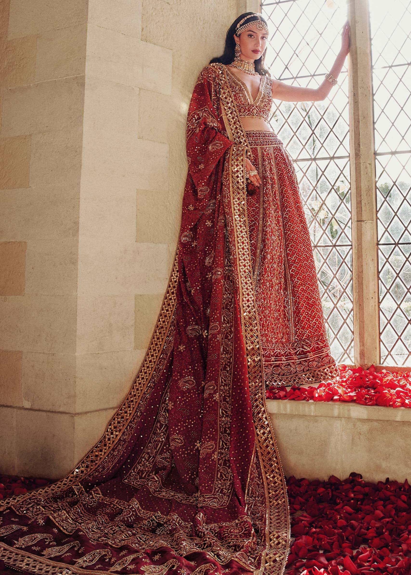 Deep Red Lucknowi Chikan Kari Silk Bridal Lehenga (3-Piece) - Image 3