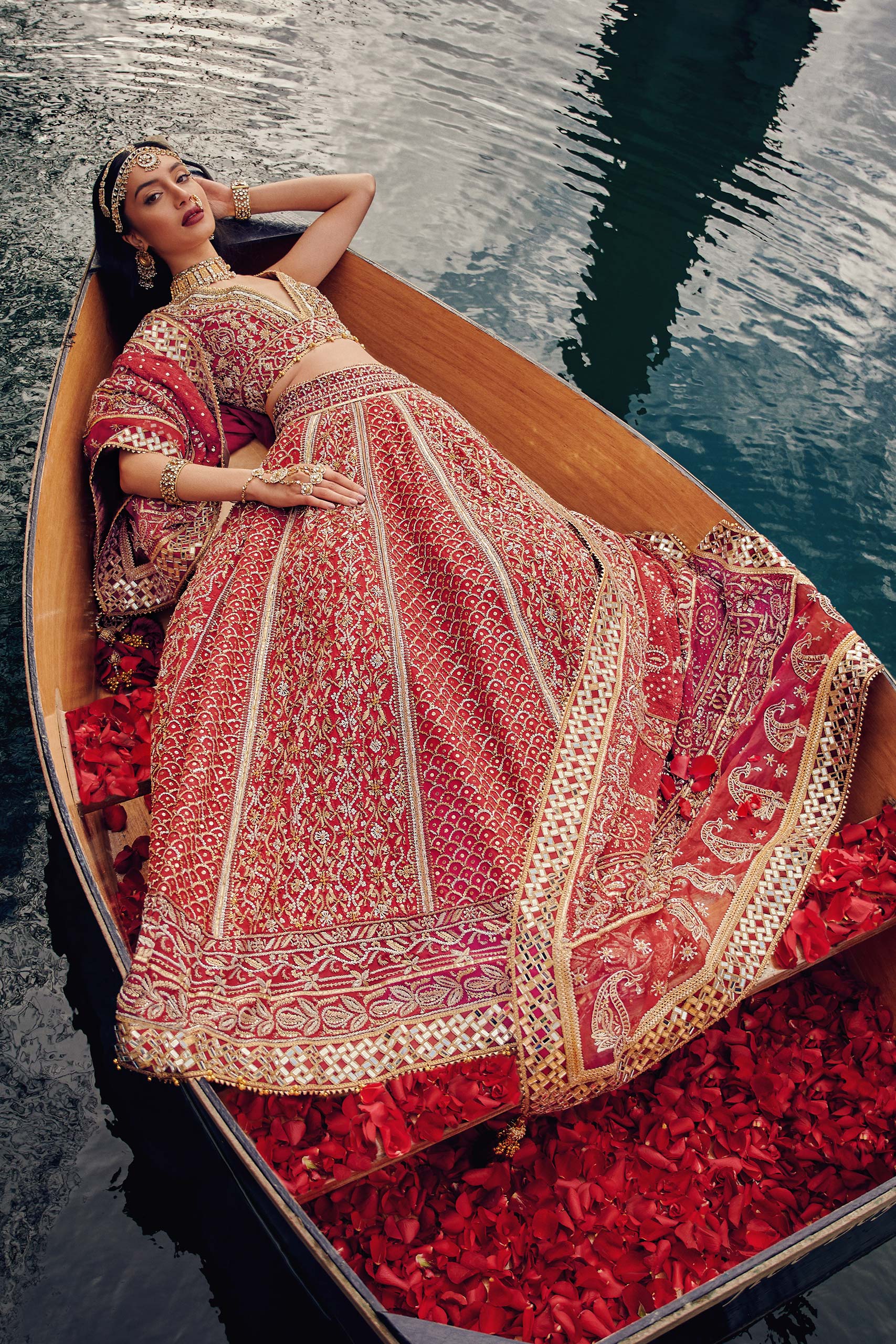 Deep Red Lucknowi Chikan Kari Silk Bridal Lehenga (3-Piece) - Image 4