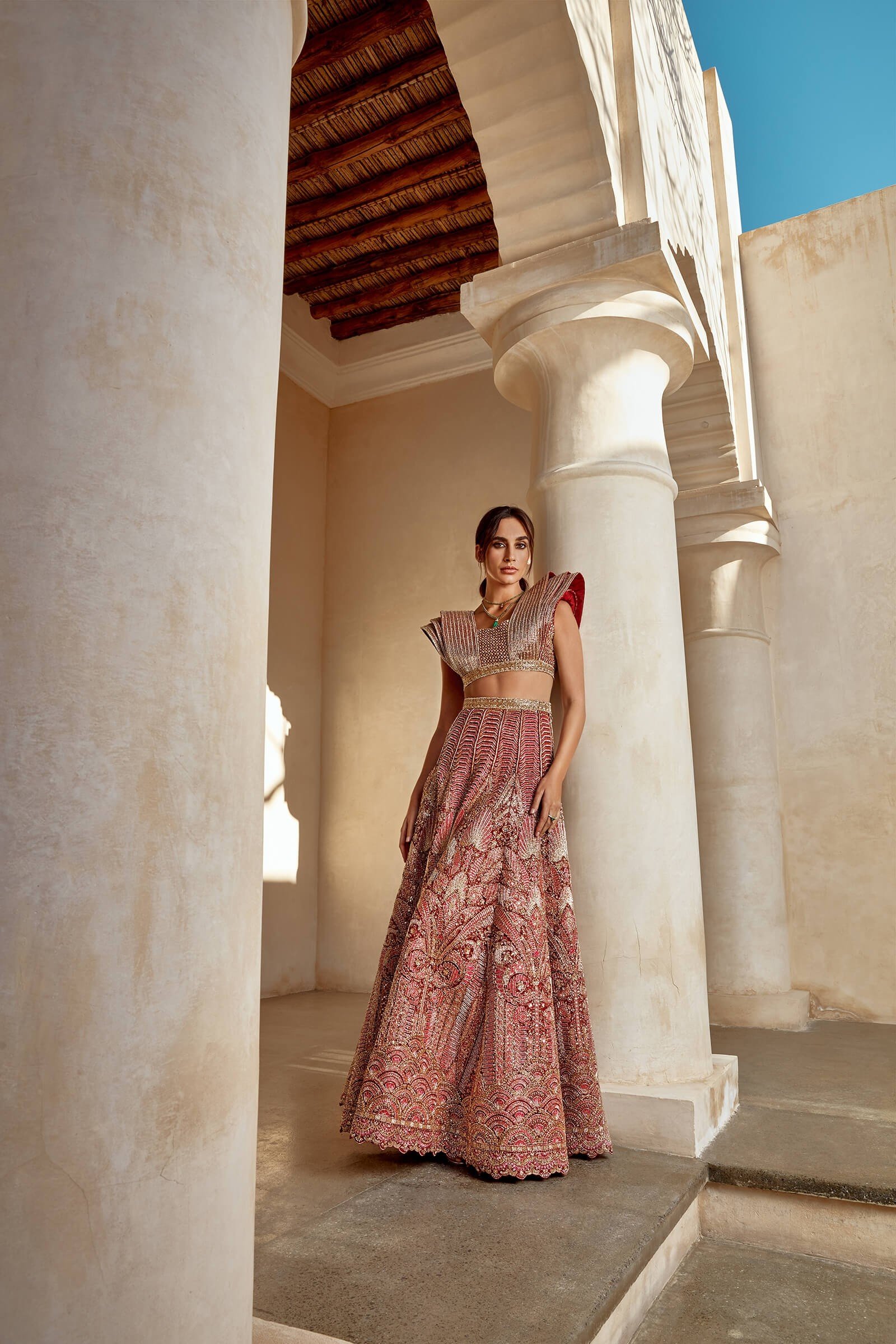 Crimson Gold Embroidered Silk Lehenga (2-Piece) - Image 1