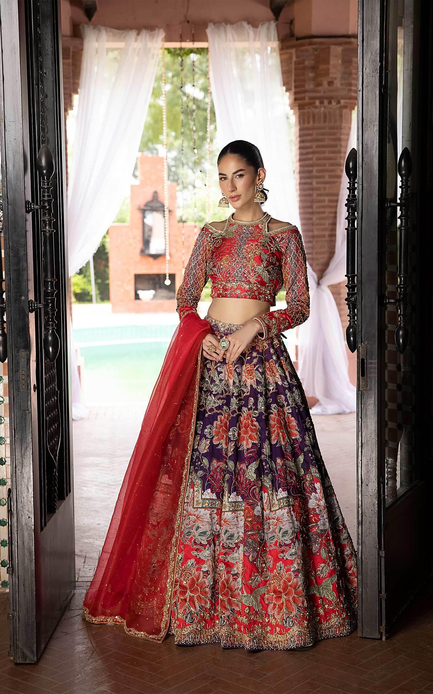 Pakistani Red and Purple Embroidered Silk Lehenga Choli (3-Piece) - Image 1