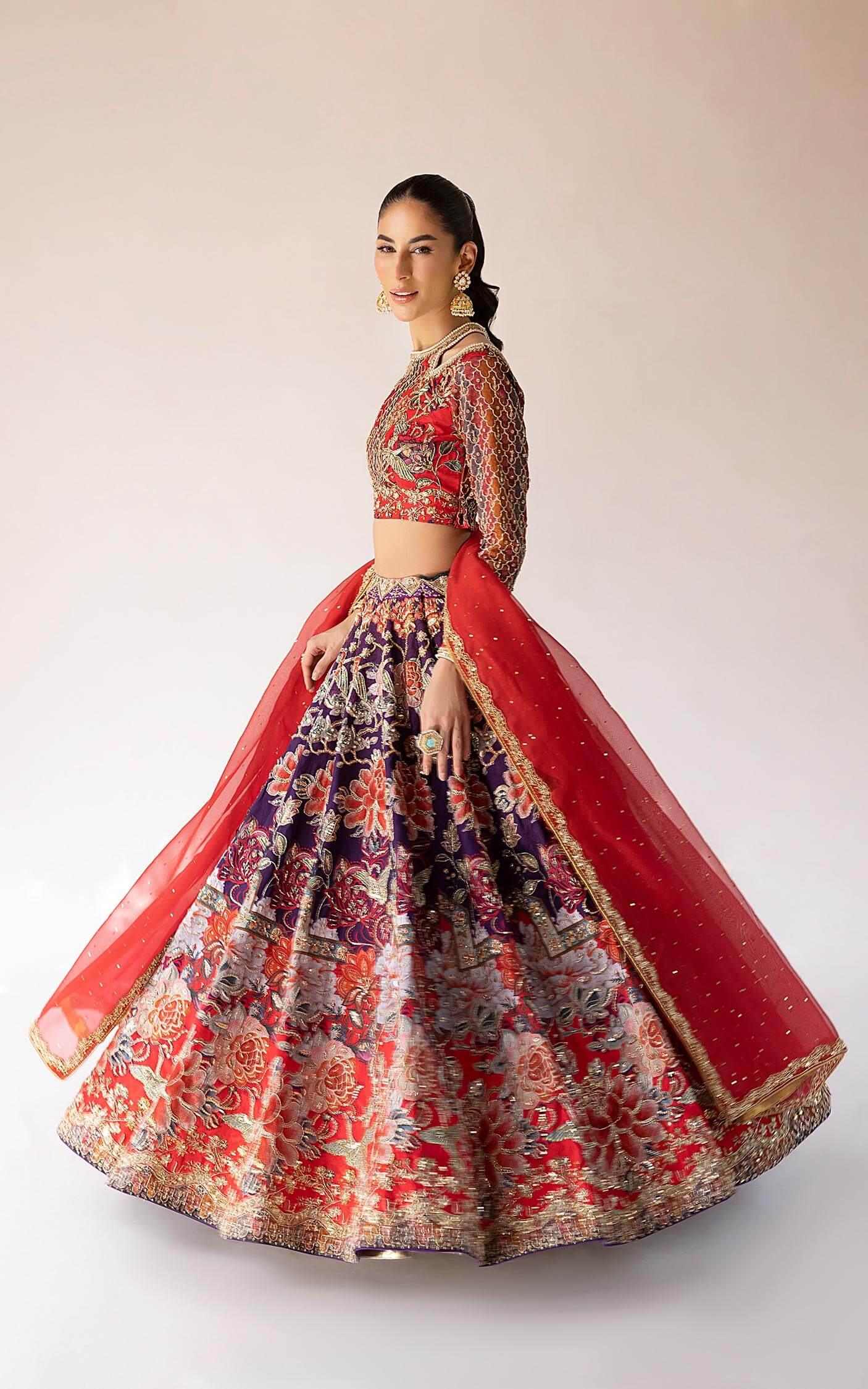 Pakistani Red and Purple Embroidered Silk Lehenga Choli (3-Piece) - Image 10
