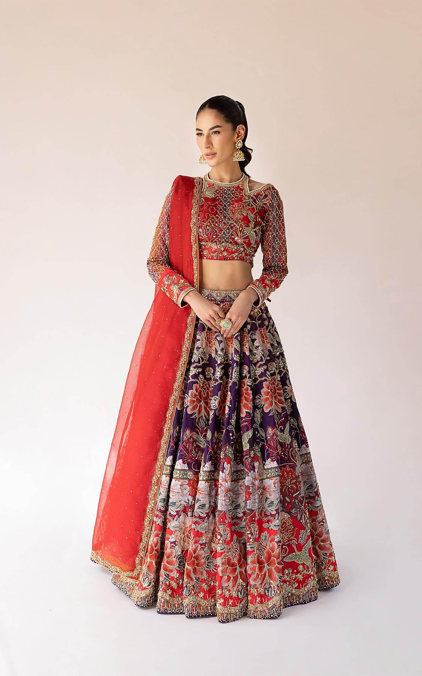 Pakistani Red and Purple Embroidered Silk Lehenga Choli (3-Piece) - Image 11