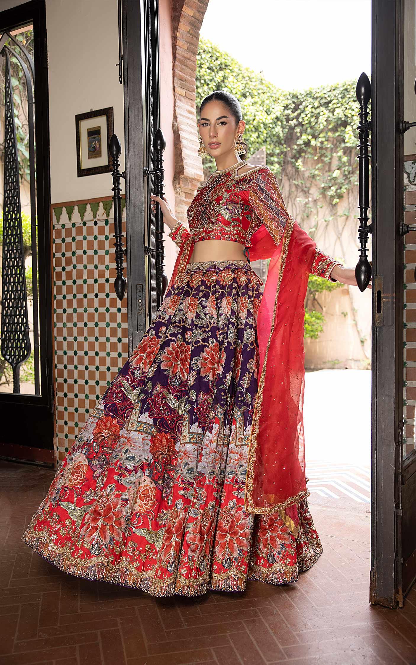 Pakistani Red and Purple Embroidered Silk Lehenga Choli (3-Piece) - Image 2