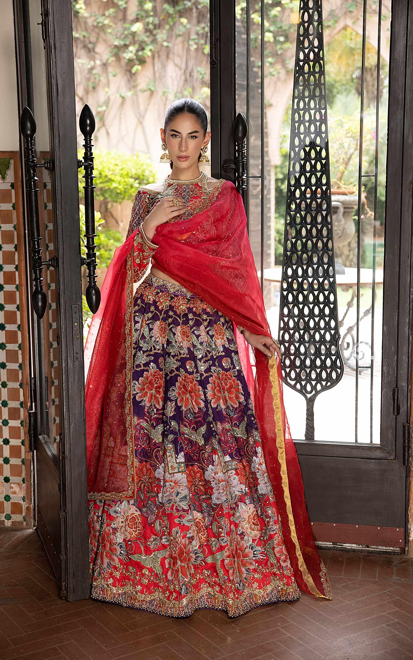 Pakistani Red and Purple Embroidered Silk Lehenga Choli (3-Piece) - Image 3