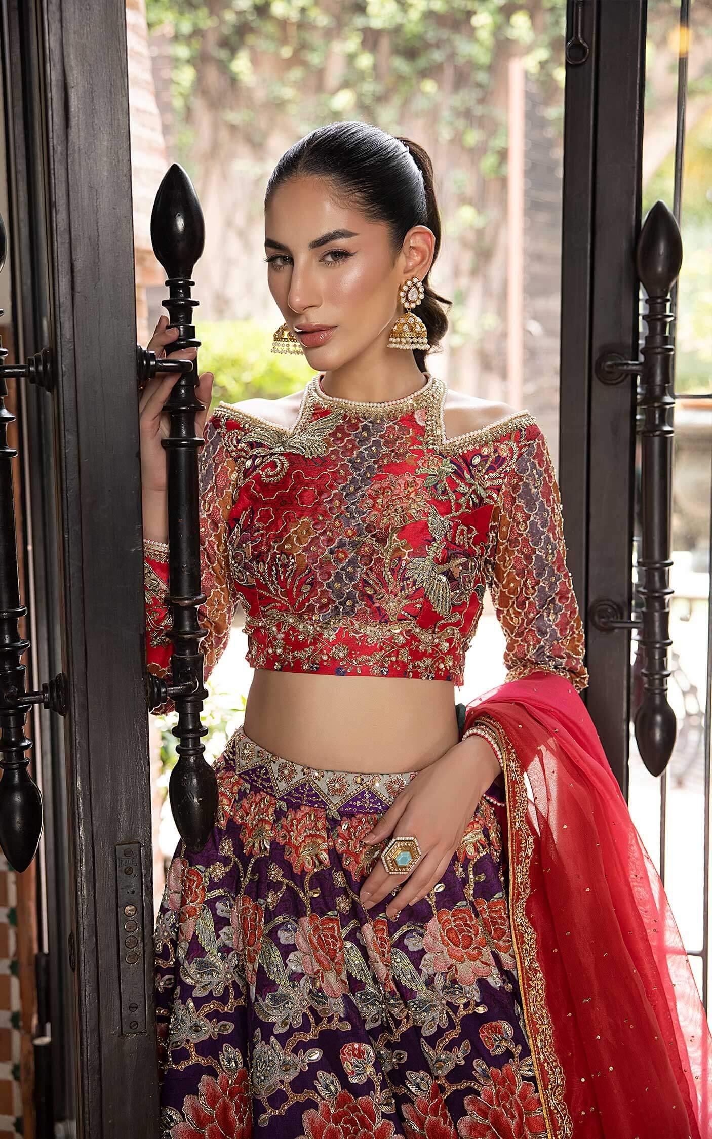 Pakistani Red and Purple Embroidered Silk Lehenga Choli (3-Piece) - Image 4