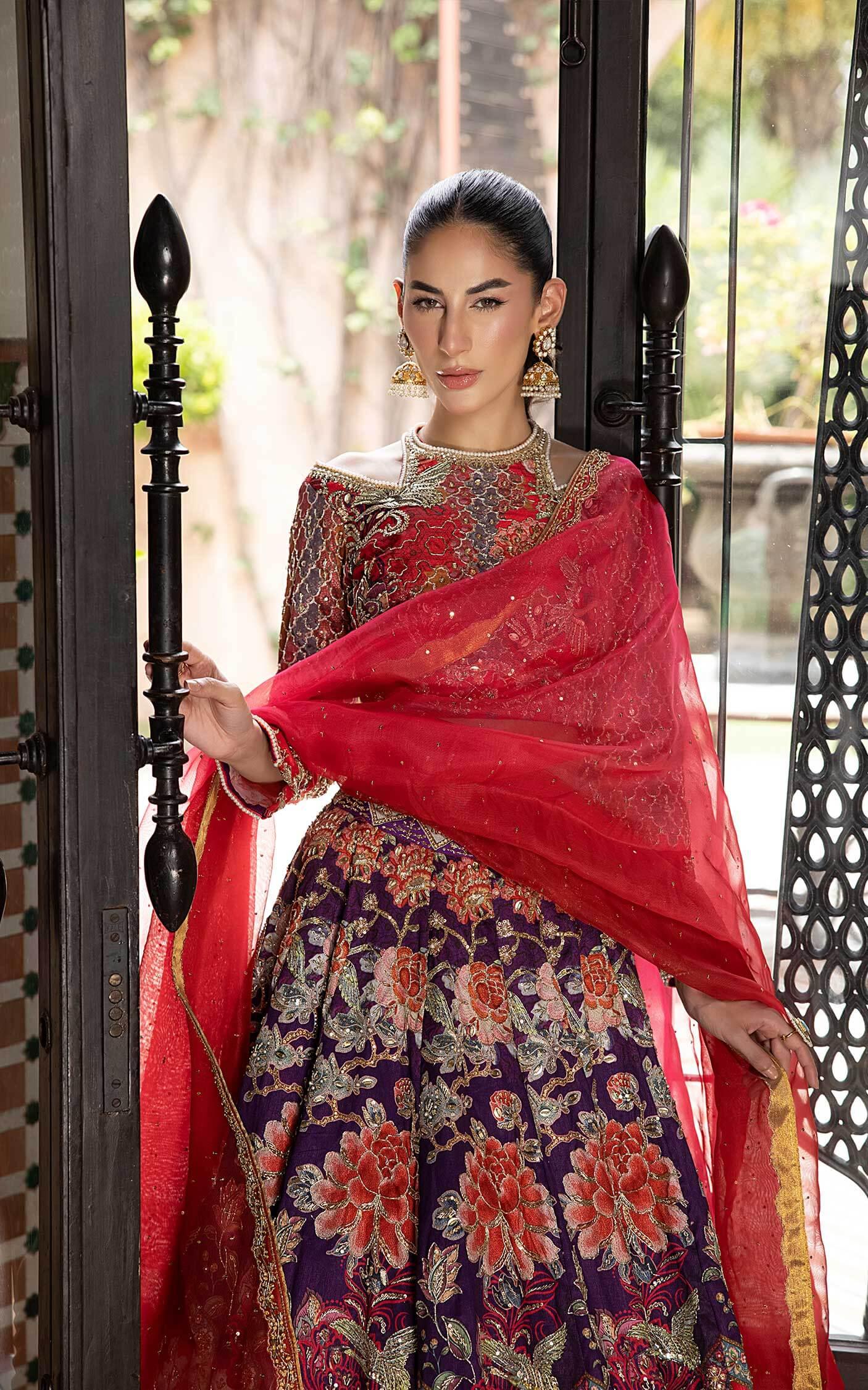 Pakistani Red and Purple Embroidered Silk Lehenga Choli (3-Piece) - Image 5