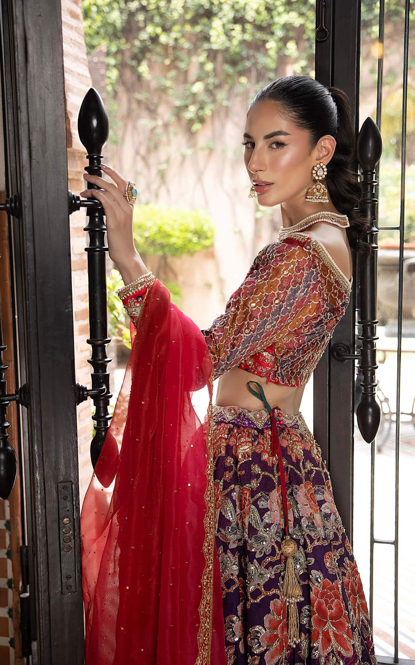 Pakistani Red and Purple Embroidered Silk Lehenga Choli (3-Piece) - Image 6