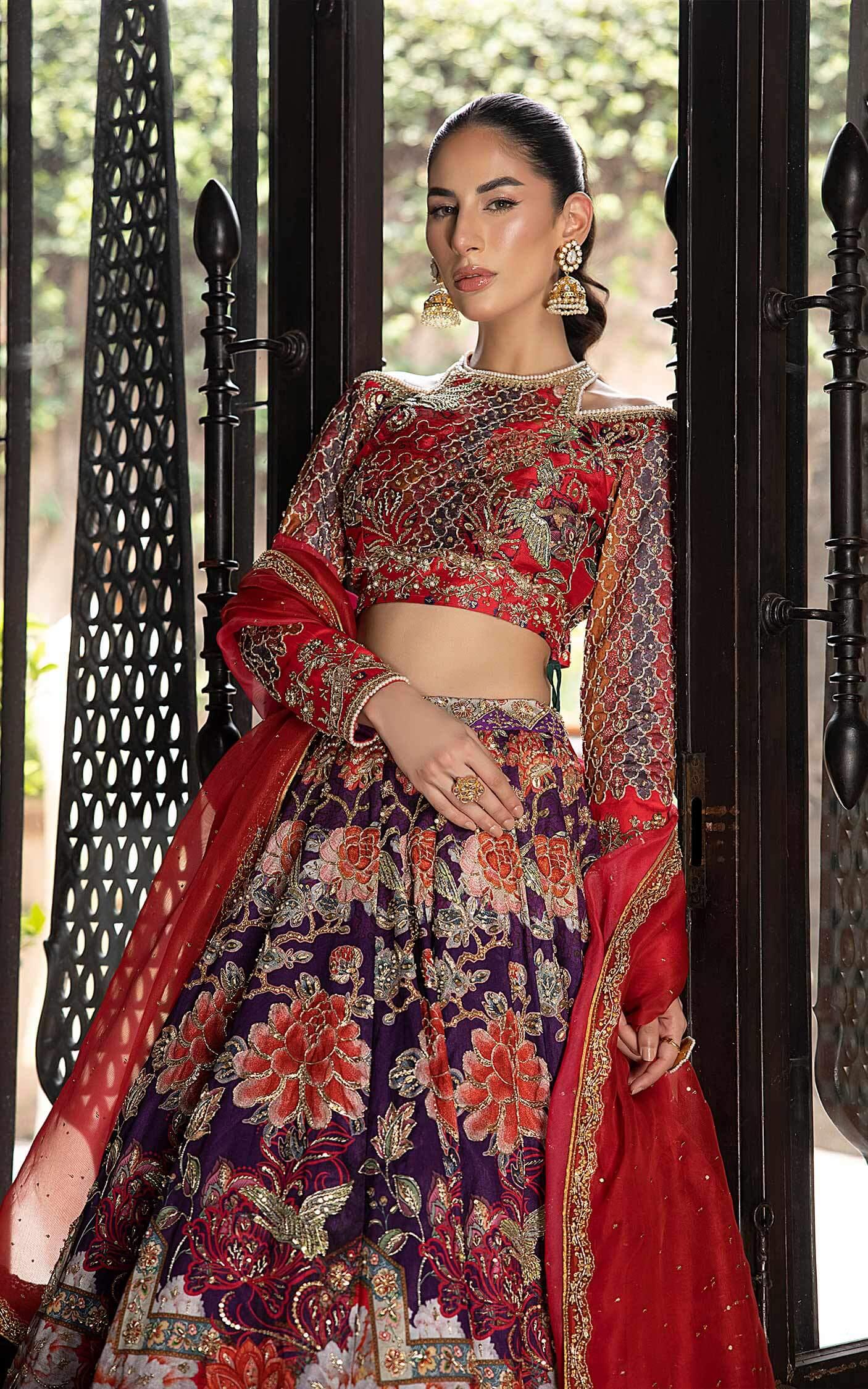 Pakistani Red and Purple Embroidered Silk Lehenga Choli (3-Piece) - Image 7